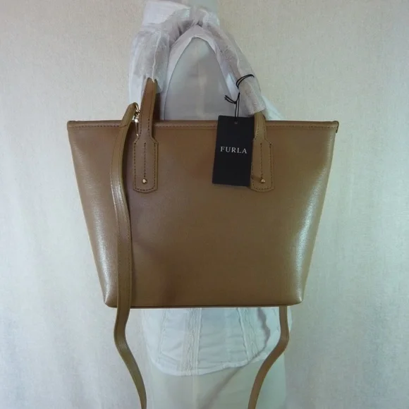 FURLA Daisy Cappuccino Brown Saffiano Leather Small Tote Bag - MADE IN ITALY